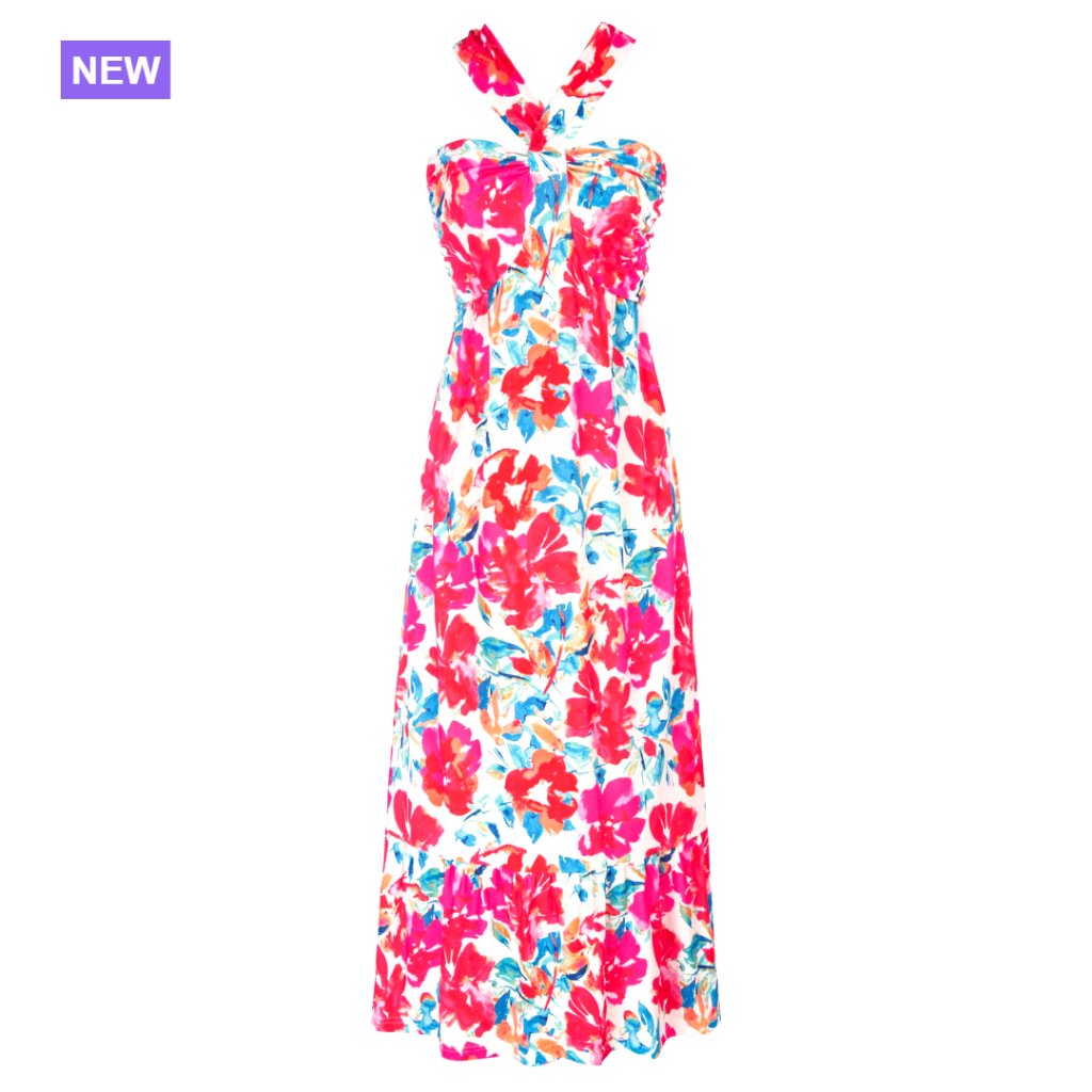 Polyester Elastane Criss Cross Halterneck Maxi Dress Flowy A Line